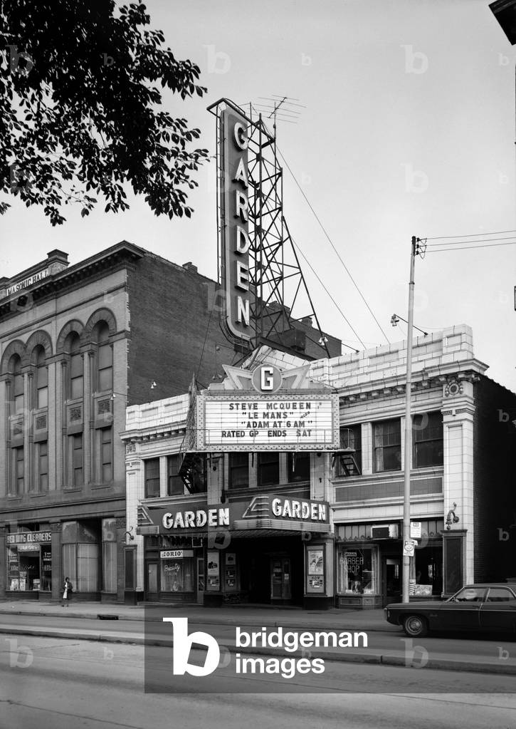 The Garden Theater: Movie Theaters, The Garden Theater, showing LE MANS, starring Steve McQueen, constructed in 1927, 10-12-14, West North Avenue, Pittsburgh, Pennsylvania, circa 1971.