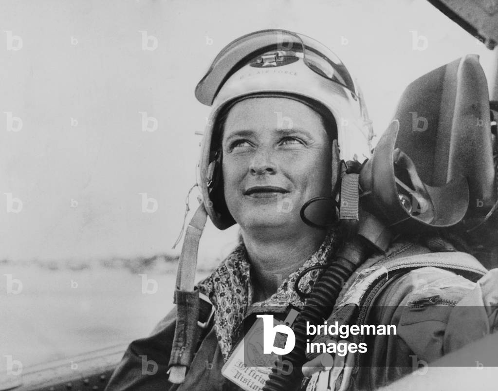 Jerrie Cobb, in U.S. Air Force flight gear in 1960. In spite of gender discrimination she worked in aviation throughout her varied career as a pilot, aviation executive, and even entered NASA astronaut training during the Mercury Program. 1960