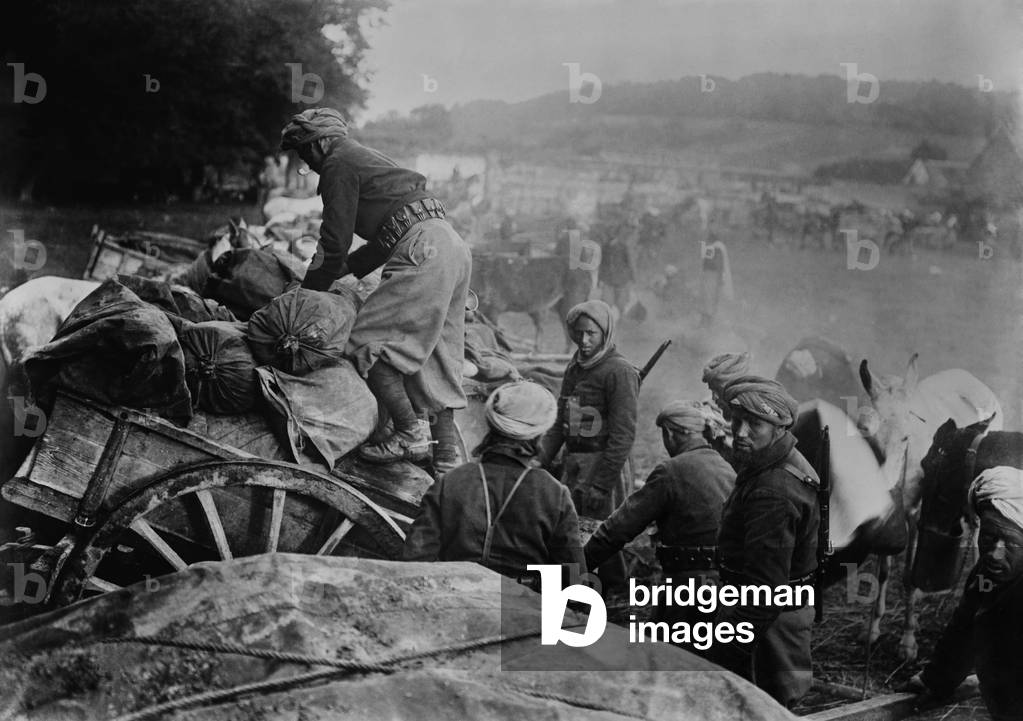 WW1 convoy of Spahis light cavalry at Francport in Picardy, France, in Oct. 1914. Spahis were light cavalry regiments of the French army recruited from the French North African colonies of Algeria, Tunisia, and Morocco. Oct. 1914