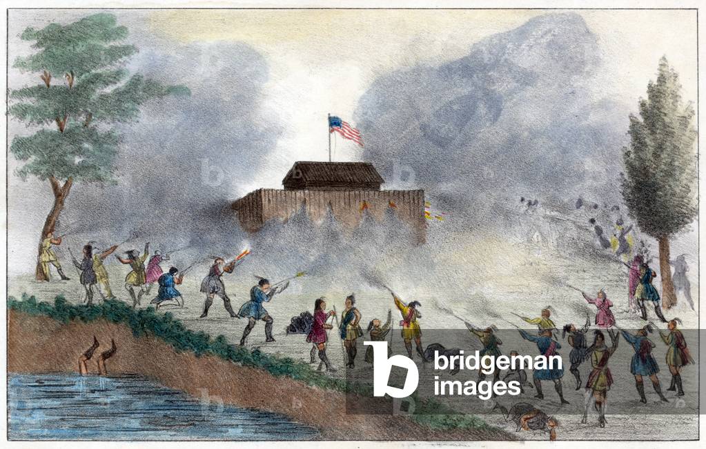 Seminole Wars. Attack by the Seminole Indians on a fort on the Withlacoochee River in December 1835. lithograph by George Catlin c. 1840s
