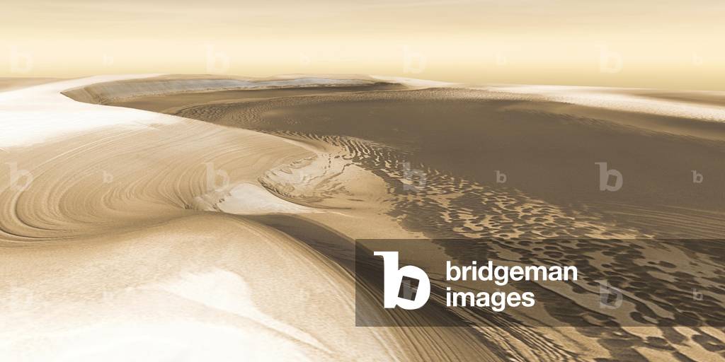 Martian landscape image from NASA's Mars Odyssey Orbiter. Combining images taken from 2002 to 2005, Mars' Chasma Boreale, is a flat-floored valley that cuts deep into Mars' north polar icecap