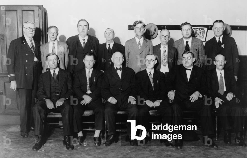 Twelve-man jury that convicted Al Capone for income tax evasion in 1931. This jury, substituting one Capone tampered with, was made up of men from outside Chicago including a retired hardware dealer, a country storekeeper and a farmer. Capone was sentenced to a total of 11 years in a federal penitentiary