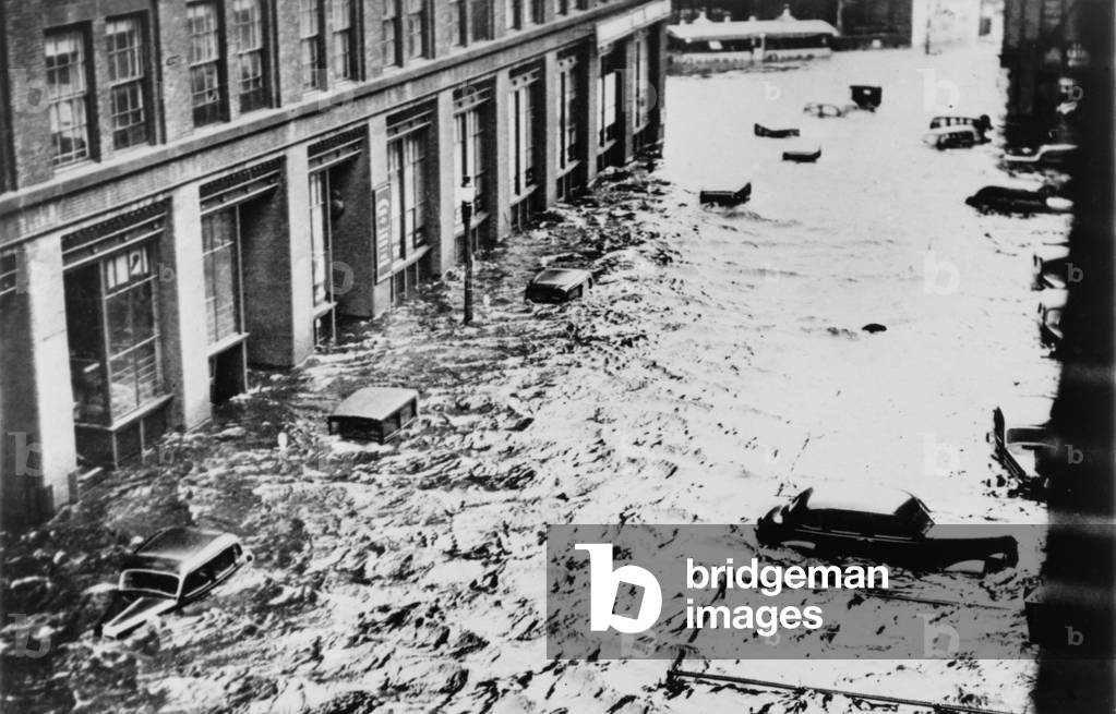 Great Hurricane of 1938. Automobile roofs on flooded Sabin Street, Providence, Rhode Island. September 1938