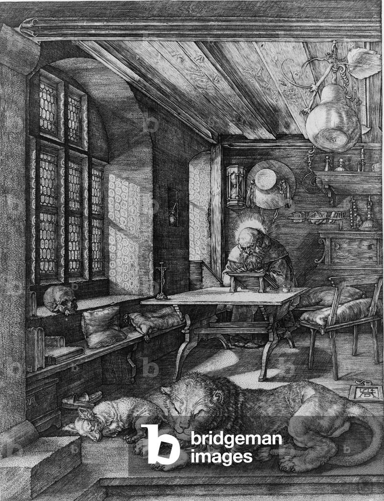 Saint Jerome, depicted as a scholar in his study, translating the Bible into Latin, 1515
