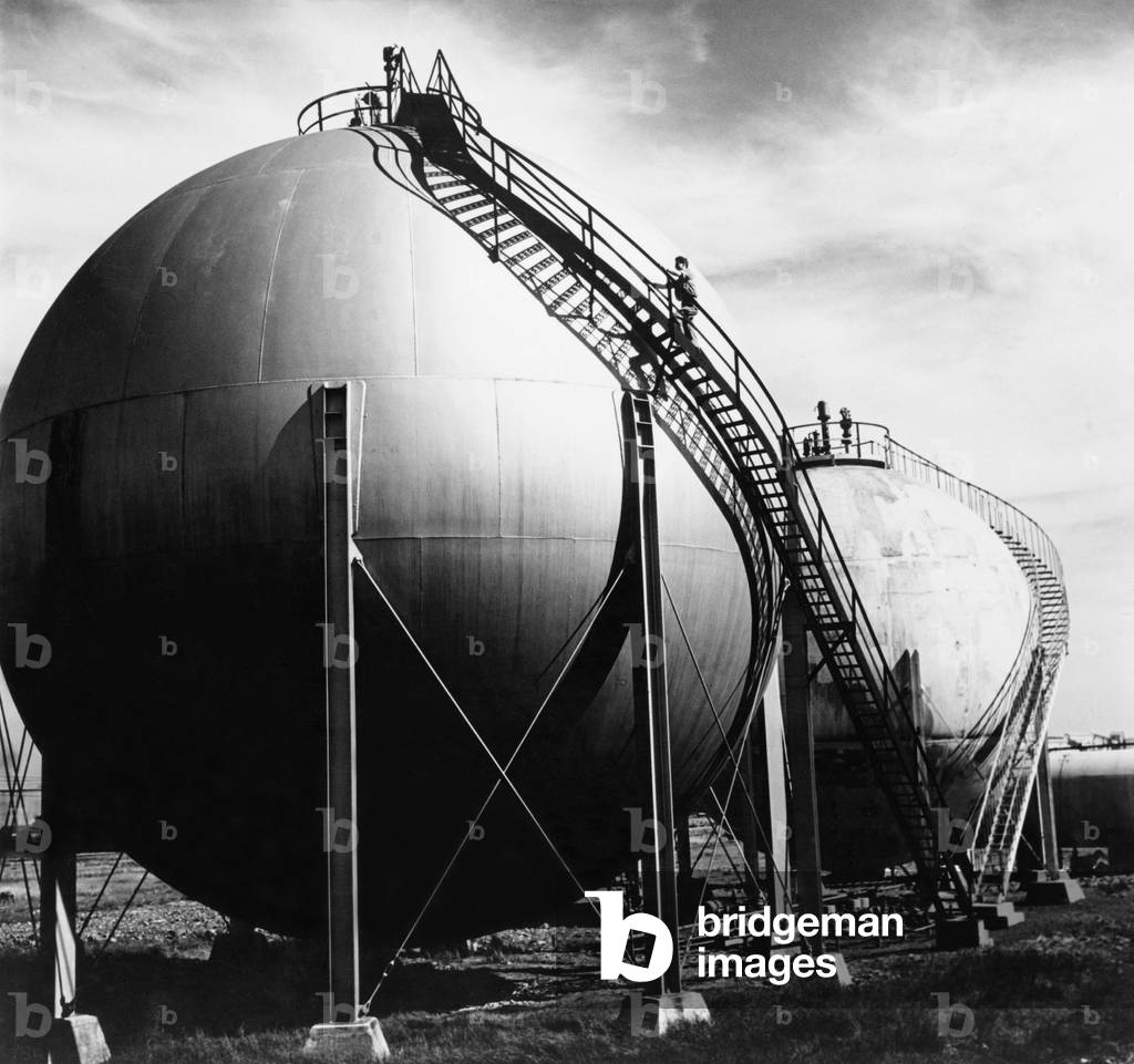 Horton Spheres at the Shell Oil plant in Montreal, Quebec, were used to make aviation gasoline during World War II. c. 1950s