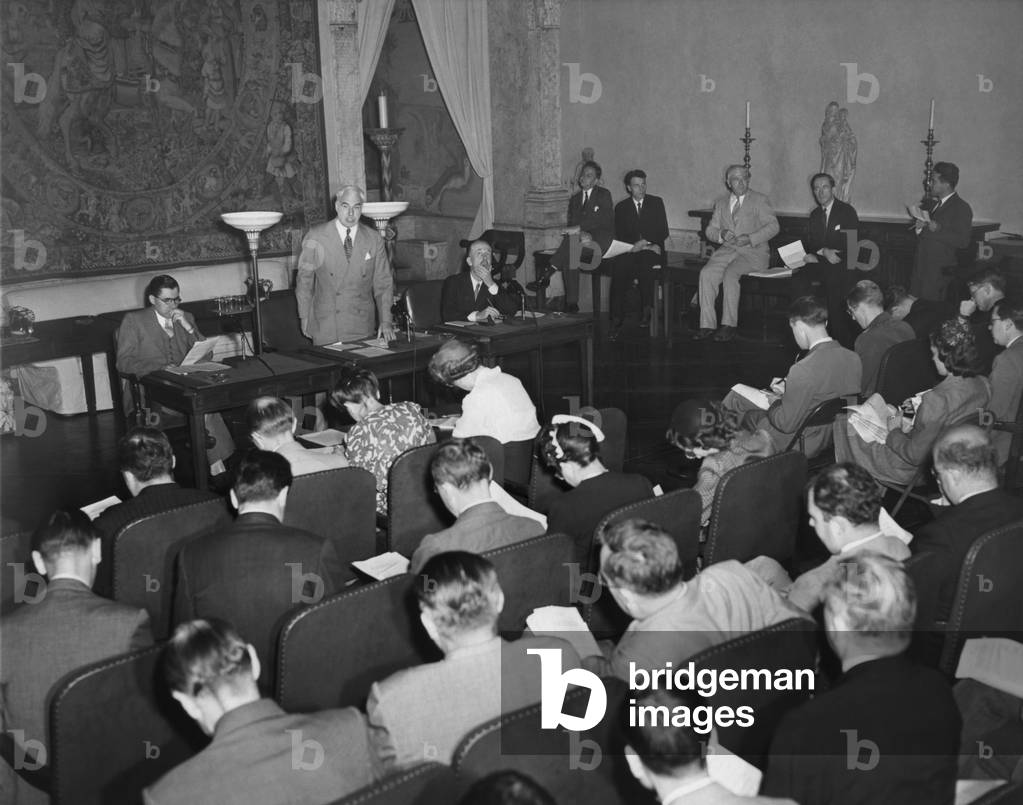 United Nations was formulated among international leaders at Dumbarton Oaks Conference. From Aug. 21, through Oct. 7, 1944, American, British, Soviet, and Chinese representatives attended the conference chaired by Under Secretary of State, Edward Reilly Stettinius. Aug. 30, 1944. World War 2