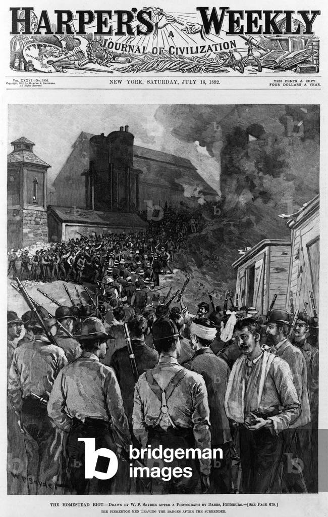 The Homestead riot. The Pinkerton men leaving the barges after the surrender of the strikers. Woodcut, 1892