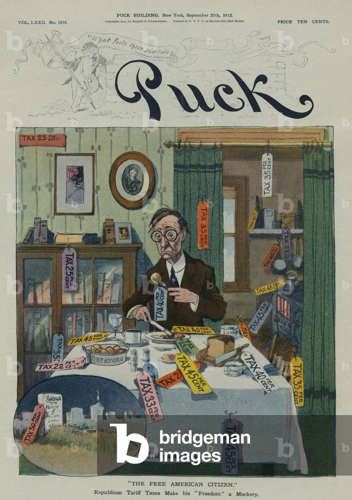 THE FREE AMERICAN CITIZEN a Sept. 1912 cartoon showing the added costs to American consumers who purchased highly taxed foreign goods. Protectionist tariffs that were the major source of Federal Revenue until the establishment of Federal Income taxes through the ratification of the 16th amendment on Feb. 3 1913