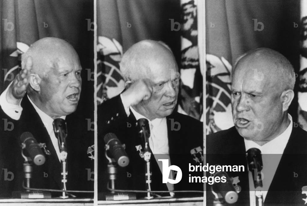 Soviet Premier Nikita Khrushchev gestures as he reacts to L.A. Mayor Norris Poulson remarks. At the banquet given by the Los Angeles World Affairs Council, Poulson undiplomatically referred to Khrushchev's unfortunate 1956, 'We will bury you' remark