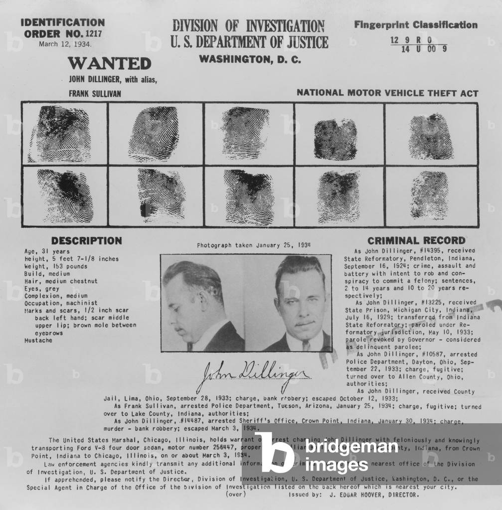 Wanted Poster for John Dillinger, displaying his fingerprints, signature, and portrait, 1934 (poster)