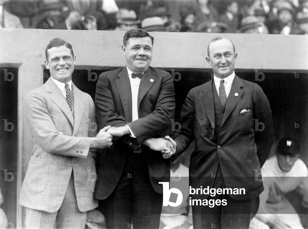 George Sisler, Babe Ruth and Ty Cobb shaking hands at the 1924 World's Series, 1924