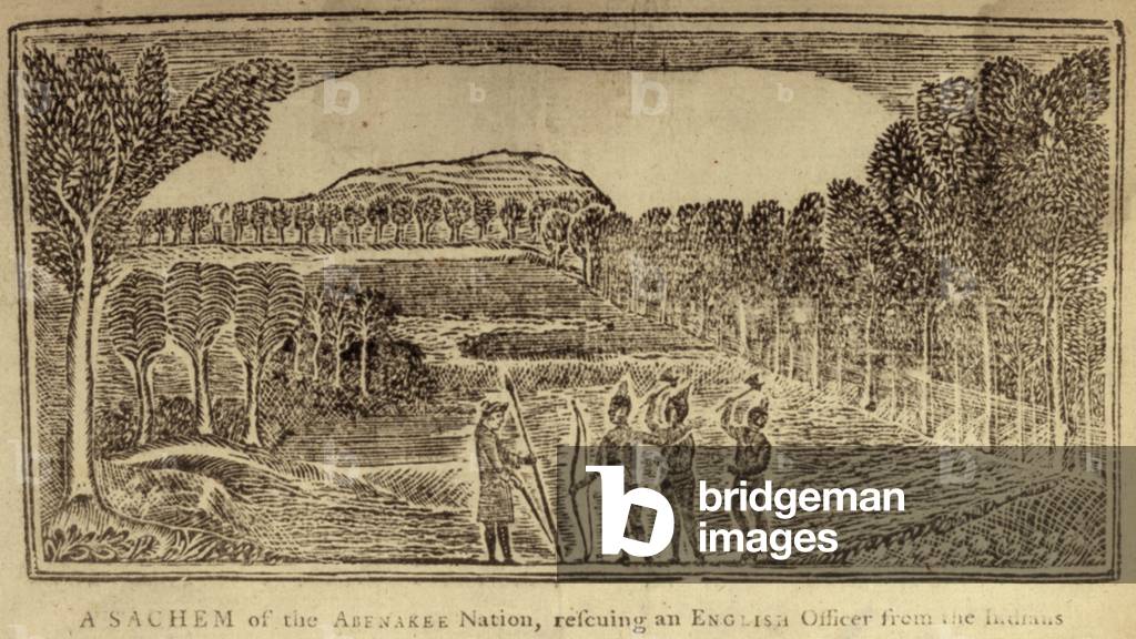 A sachem of the Abenakee Nation rescuing an English officer from the Indians. woodcut, 1768
