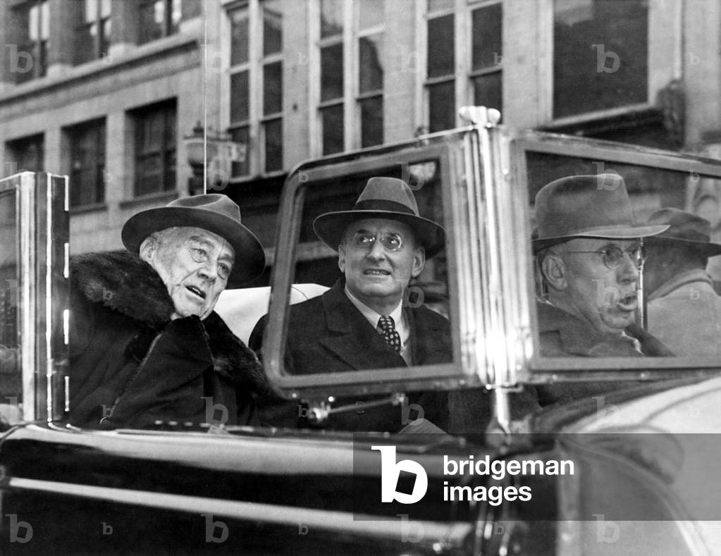 Franklin Roosevelt campaigns for a fourth term as President. Nov. 6, 1944. FDR arrives in Poughkeepsie, New York, with his Treasury Secretary and Hyde Park neighbor, Robert Morgenthau, on election eve