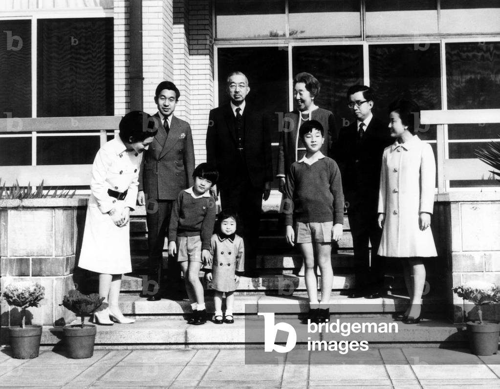 Crown Princess Michiko, Crown Price Akihito, Price Aya, Princess Nori, Emperor Hirohito, Empress Nagako, Prince Hiro, Prince Hitachi and Princess Hanako, c.1973 (b/w photo)