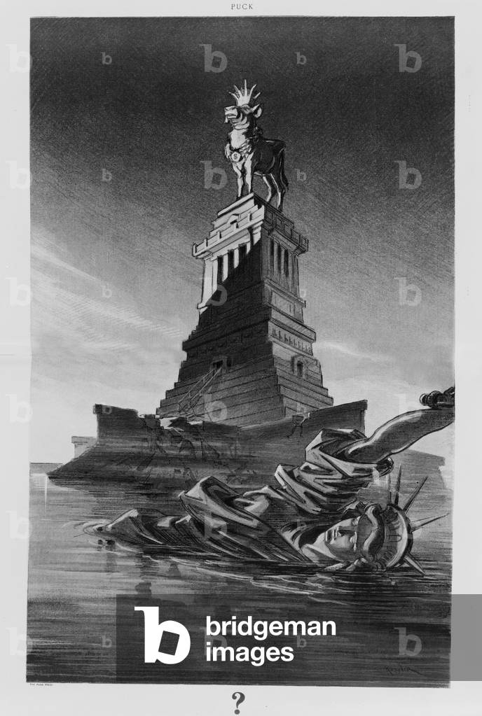 1912 cartoon attacking business greed shows the ruined Statue of Liberty floating in New York Bay. Liberty is replaced on her pedestal by a golden calf, wearing crown and collar with $ sign