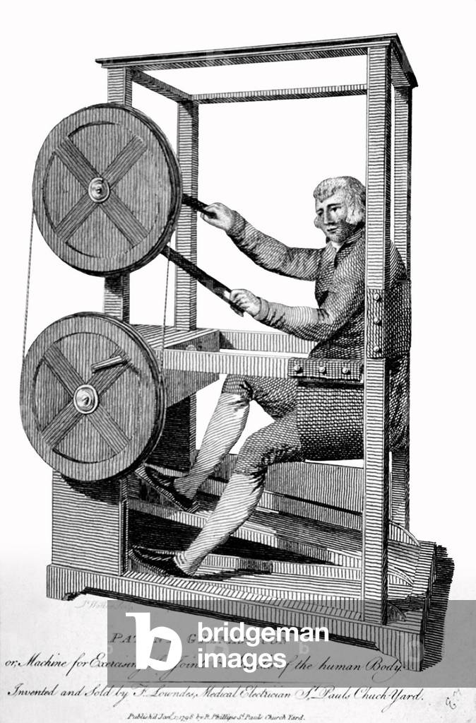 Medical Patient Gymnasticon, a machine for exercising the joints and muscles of the human body. 18th century English engraving