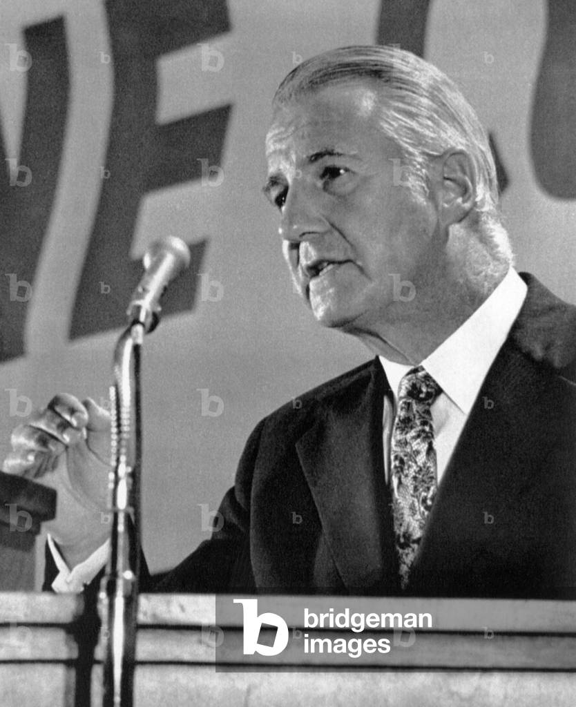 Vice President Spiro T. Agnew addressing the Kane County Republican Rally in St. Charles, Illinois. He stated that 'morbid preoccupation with Watergate' threatens the government's ability to function. September 8, 1973