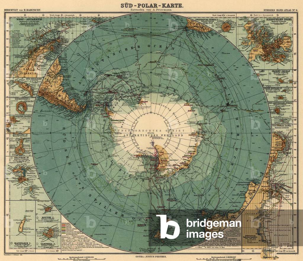 Map of Antarctica and surrounding ocean, and southern regions of South America and Afric. 1912