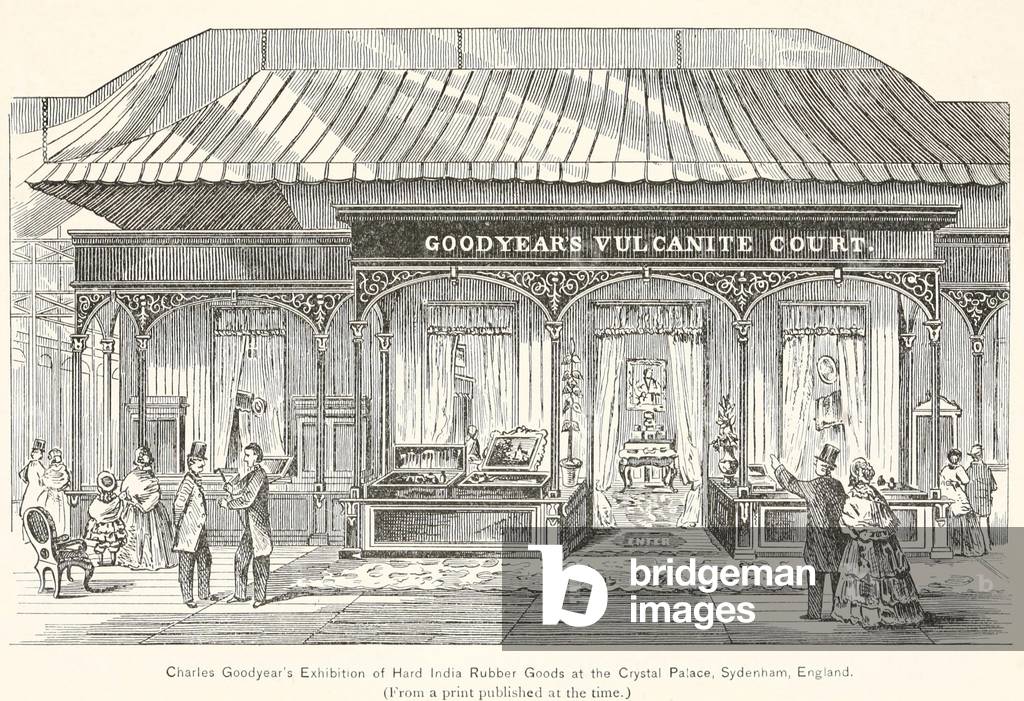 Goodyear's Vulcanite Court, the Exhibition of Hard India Rubber Goods at the Crystal Palace Exhibition in 1851. Goodyear spend ,000 on the display which included giant balloons, live-saving devices, rubber boats, shoes, medical instruments, and furniture, for which he won six awards