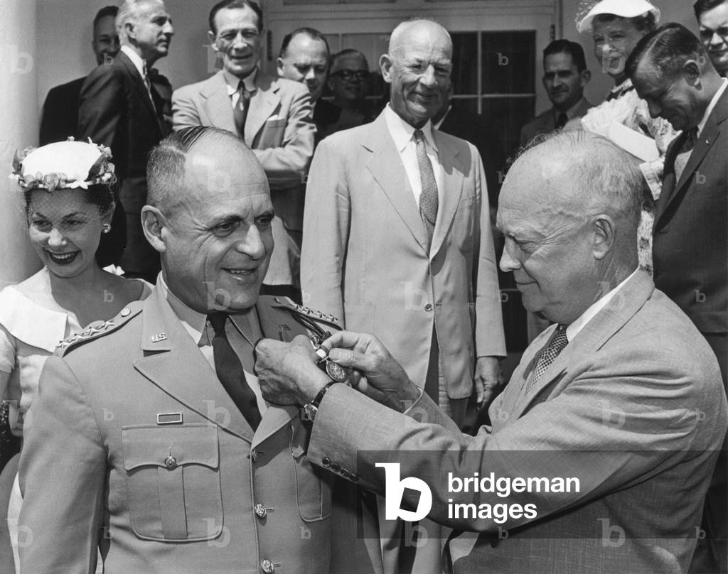 President Eisenhower presents retiring General Matthew Ridgeway with the Distinguished Service Medal. June 28, 1955. In 1952, Matthew Ridgway replaced General Eisenhower as Supreme Commander of Allied Forces in Europe. From 1953-55 he was Chief of Staff of the U.S. Army.