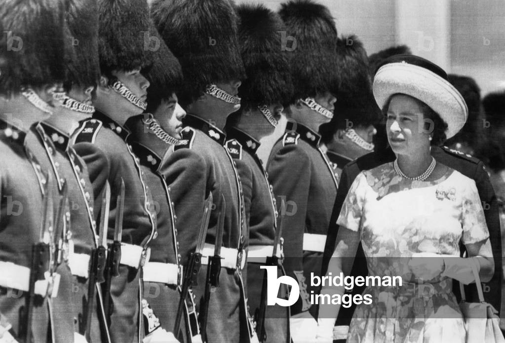 British Royalty. Queen Elizabeth II of England, reviewing the Royal Regiment of Canada, Toronto, Ontario, Canada, c.early 1970s