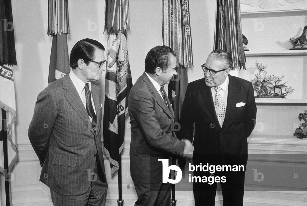 President Nixon with Attorney-General Eliott Richardson and FBI Director-designate Clarence Kelly. Kelley replaced L. Patrick Gray who aided the cover-up of the Watergate investigations. June 7 1973