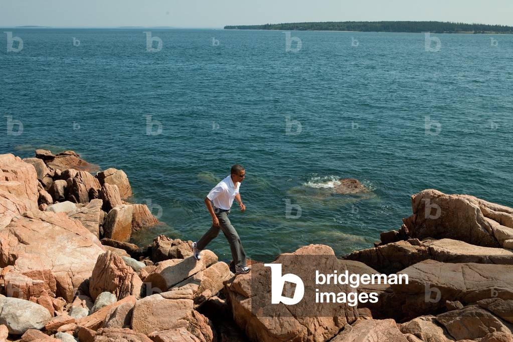President Barack Obama hikes along the coastline in Acadia National Park Maine July 17 2010.,