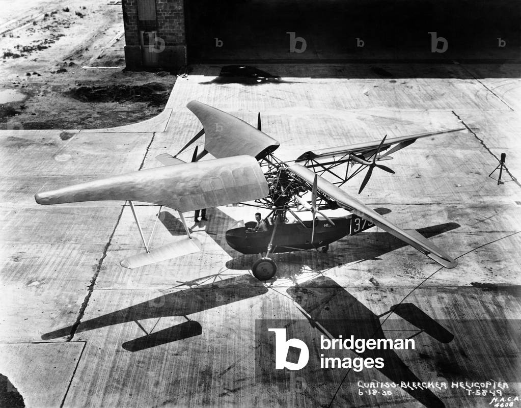 Early helicopter. Curtiss Bleaker Helicopter at Langley Air Force Base in June 1930. It has massive wing-like rotors attached to a light plane body