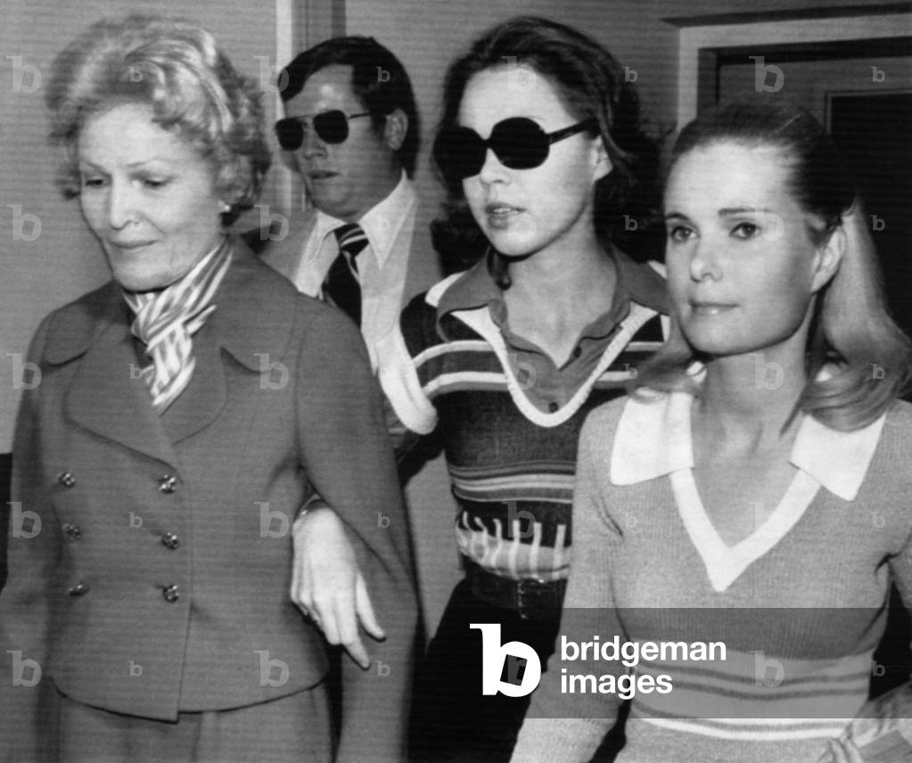 Former First Lady Patricia Nixon and daughters Julie Nixon Eisenhower and Tricia Nixon Cox at hospital visit, October, 1974