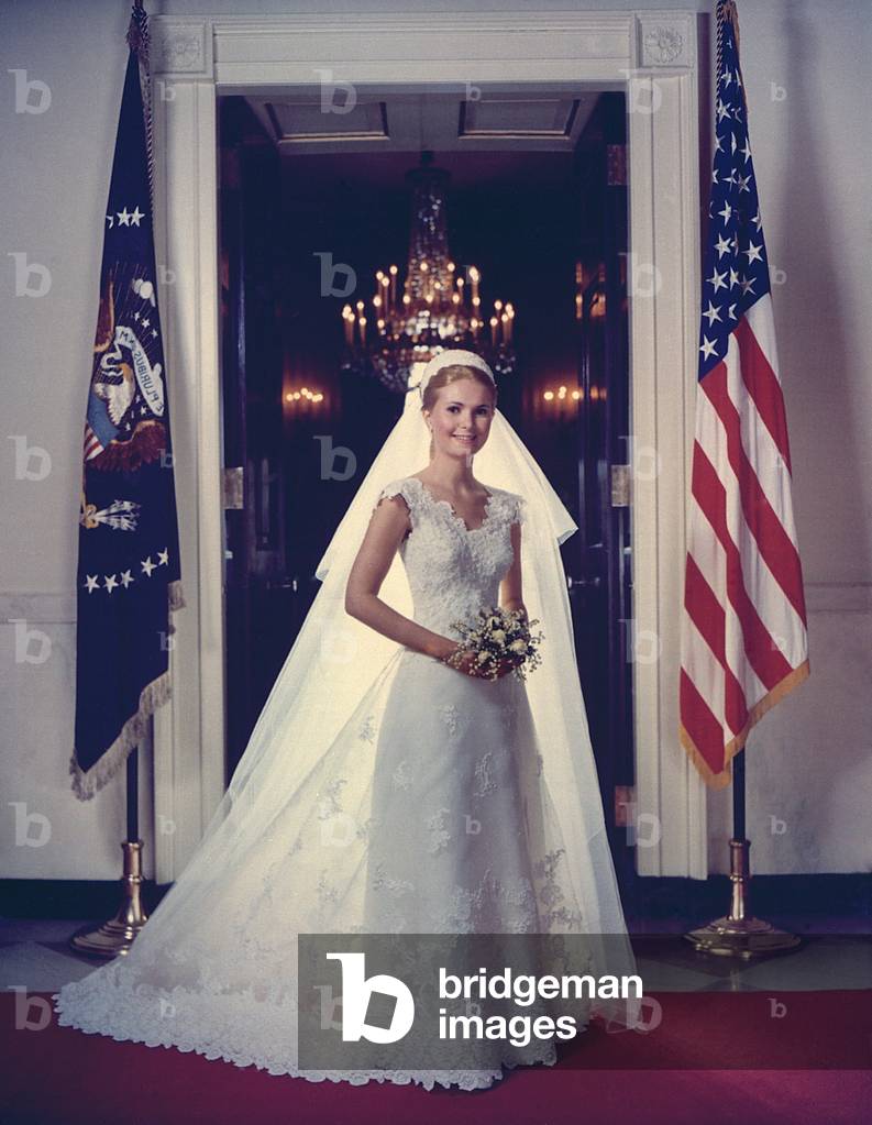 Tricia Nixon (b. 1946) in her wedding gown. The oldest daughter of President Richard Nixon married Edward Cox in the White House Rose Garden on June 12, 1971