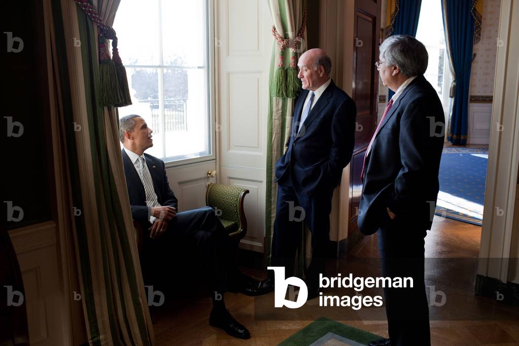President Obama with interim Chief of Staff Pete Rouse right and Bill Daley before announcing Daley as his new Chief of Staff. Jan. 6 2011. (BSWH_2011_8_115)