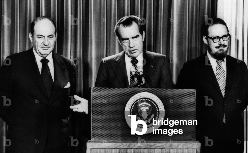 nomination of William Saxbe as Attorney General by US President Richard Nixon, 1973 (b/w photo)