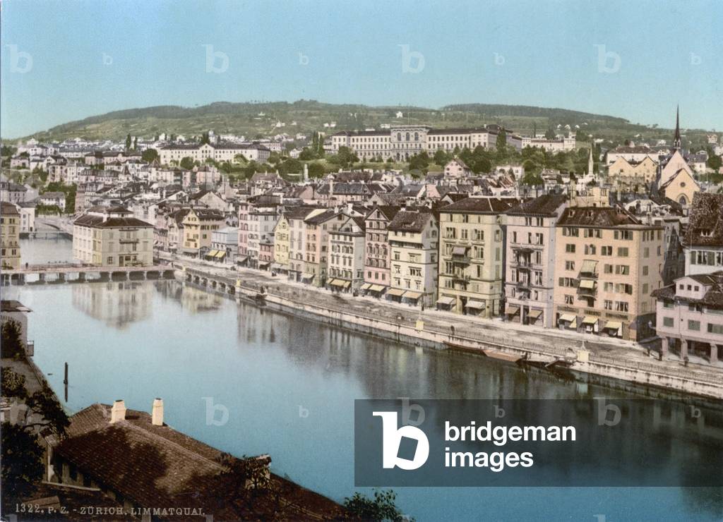 Switzerland, The Limmatquay, (aka limmatquai), with Polytechnic, (aka Swiss Federal Institute of Technology), Zurich, photochrom, c.early 1900s