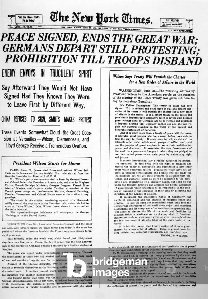 World War I, the signing of the Versailles Peace Treaty as reported in The New York times, June 28, 1919
