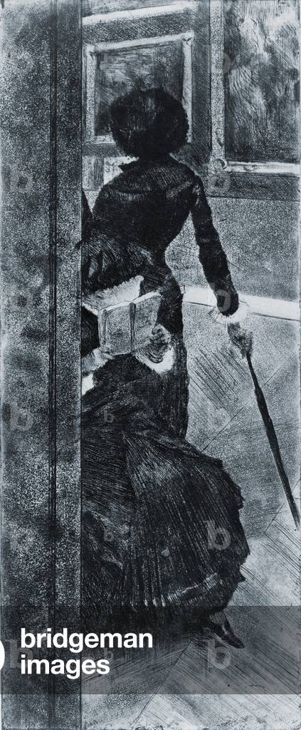 Impressionist painter, Mary Cassatt is the standing figure viewing paintings at the Louvre. 1876 etching by Edgar Degas
