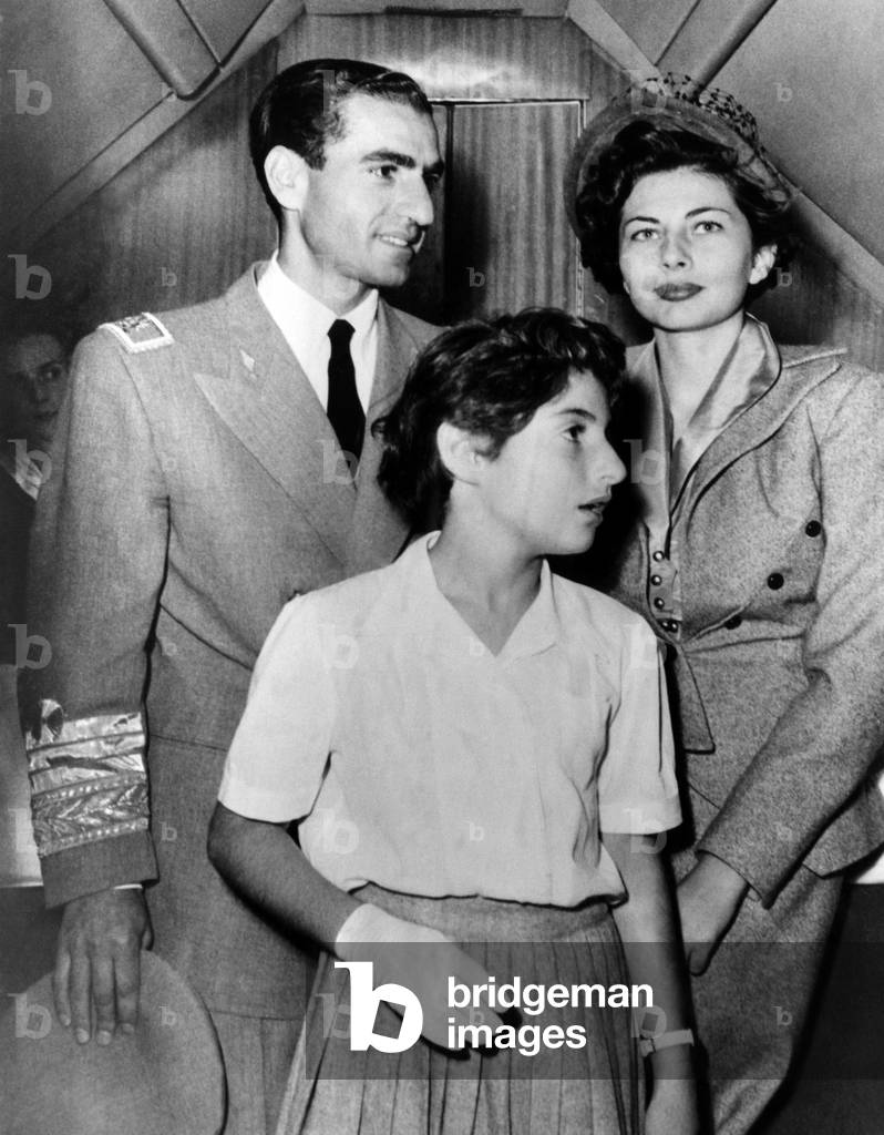 Shah of Iran Mohammad Reza Pahlavi, his daughter from his first marriage Princess Shahnaz, and wife Queen Soraya Esfandiary, c.1950s
