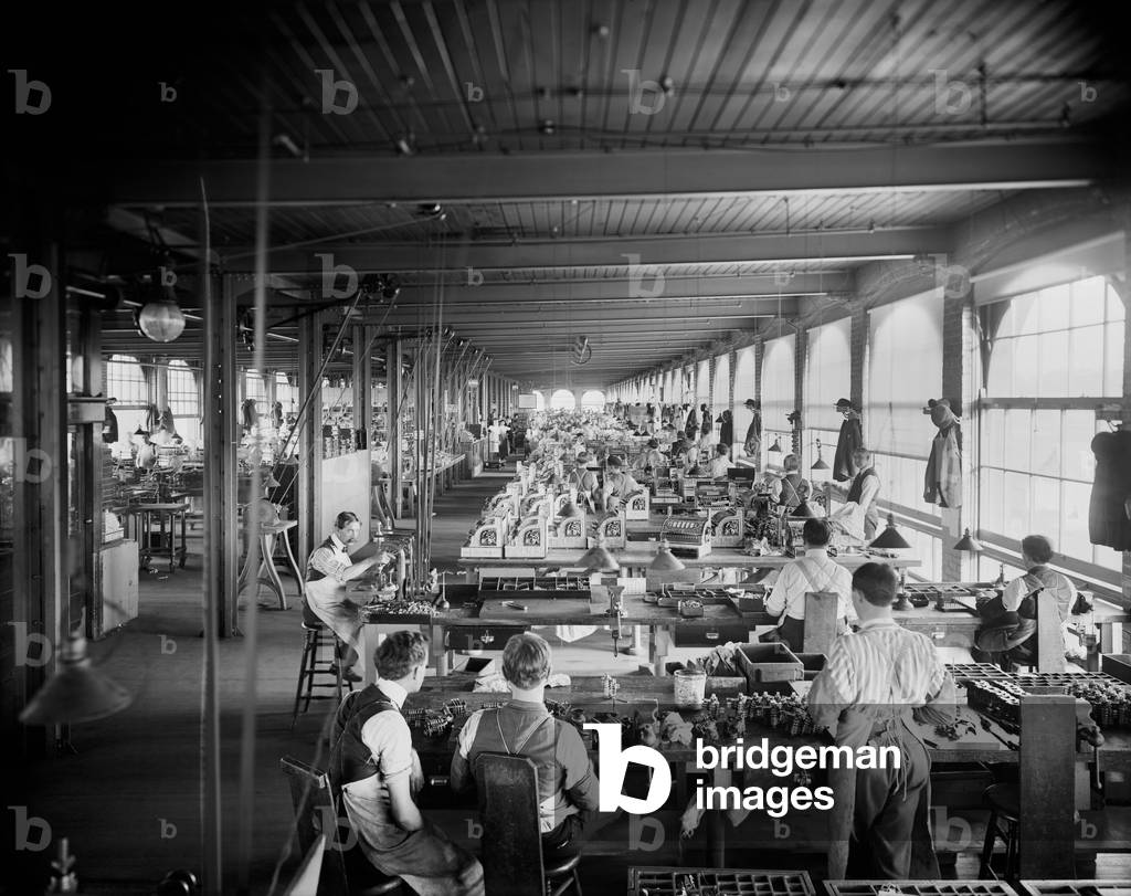Assembling department, National Cash Register, Dayton, Ohio demonstrates mass production of precisely made complex products achieved during the 19th century