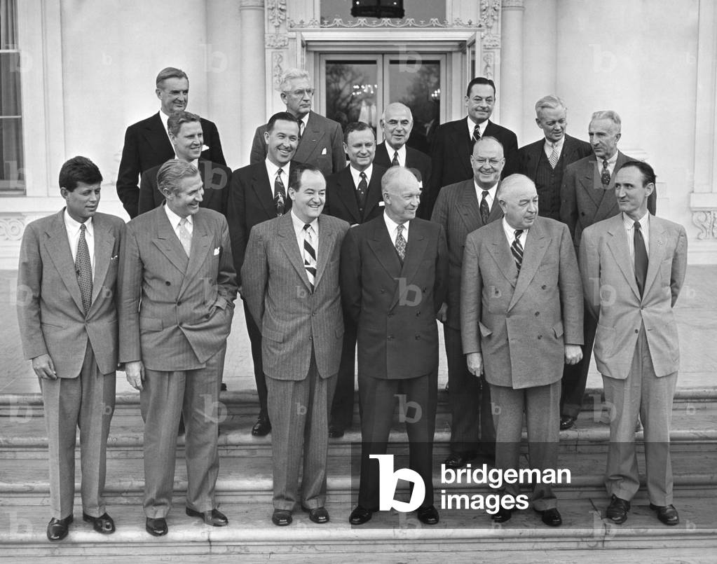 The President gave a luncheon for a group of Senators at the White House, Wed, March 4, 1953. Front Row: John Kennedy; Mike Monroney; Hubert Humphrey; President Eisenhower; Harley Kilgore; Mike Mansfield. 2nd Row: Albert Gore Sr.; Henry Jackson; Price Daniel; Earle Clements. 3rd Row: Stuart Symington; Paul Douglas; Herbert Lehman; Thomas Hennings; Sherman Adams, Gen. Wilton Persons.