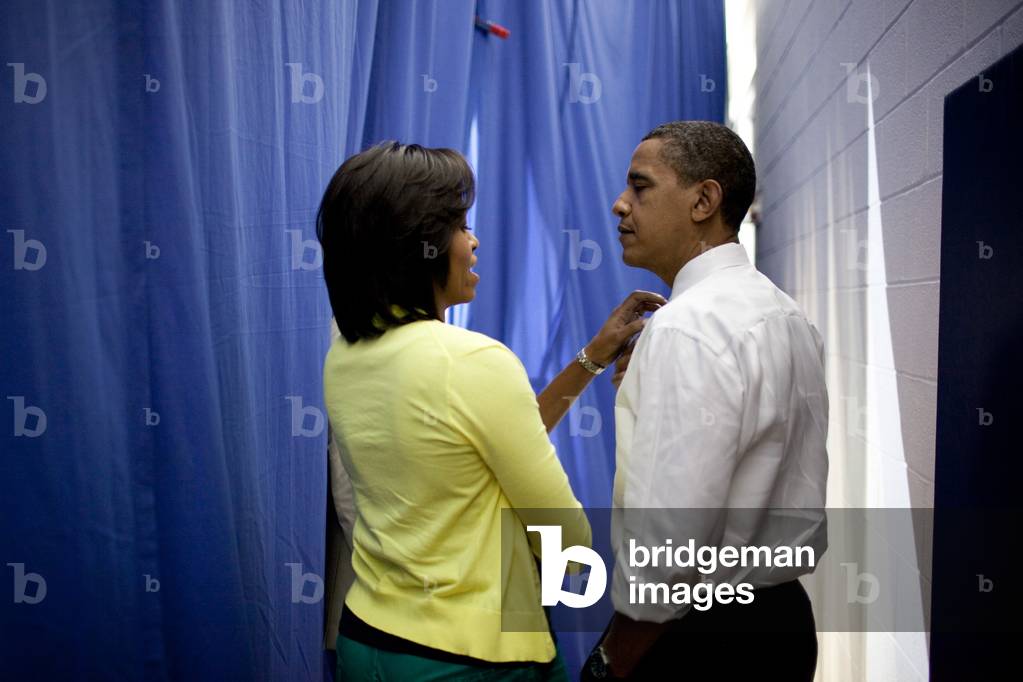 President Barack Obama and First Lady Michelle Obama backstage before an 'United We Serve' event at Fort McNair in Washington DC . The project aims to strengthen the Federal Government's support for military families. June 25 2009.,
