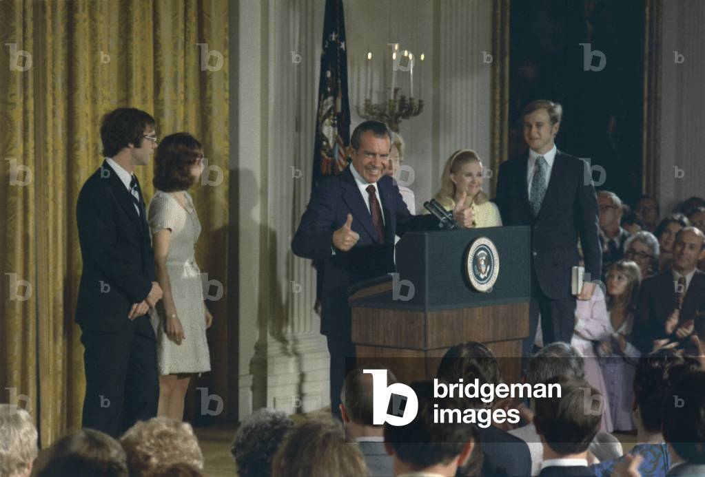 Richard Nixon delivering his farewell speech to his Cabinet and White House staff. L to R. David Eisenhower Julie Nixon Eisenhower Richard Nixon Pat NIxon Tricia Nixon Cox Edward Cox. Aug. 9 1974
