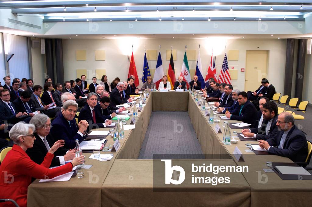 Foreign Ministers and Political Directors from the P5+1 nations and Iranian Minister Javad Zarif. Photo taken at the conclusion of negotiations on April 2, 2015, in Lausanne, Switzerland, about the future of Iran's nuclear program