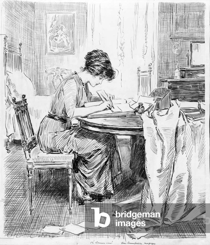 1911 drawing by Charles Dana Gibson (1867-1944), shows a Gibson Girl writing at a table in a spacious bedroom