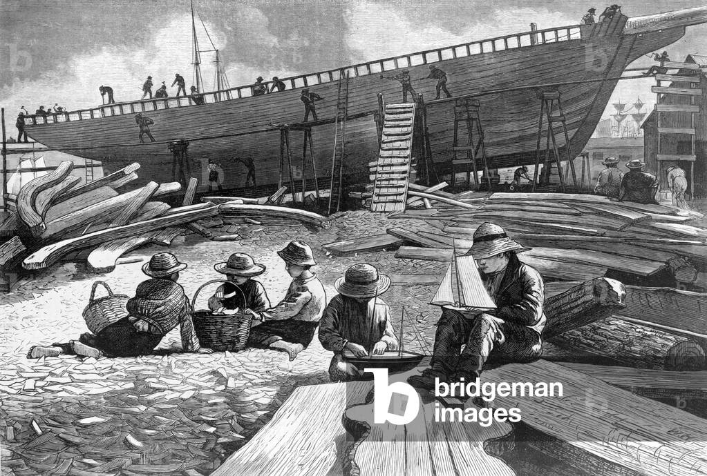 Ship-building, Gloucester Harbor, 1873 (drawing)