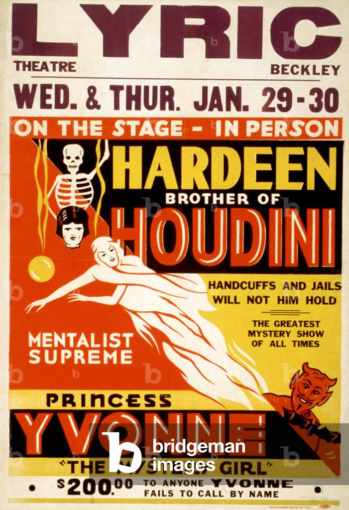 On the stage - in person, Hardeen, brother of Houdini, handcuffs and jails will not hold him. The greatest mystery show of all times. Mentalist supreme', c.1931 (poster)