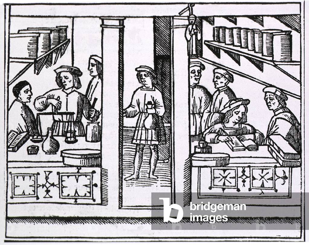 Pharmacy scene from the title page of a Latin version of Galen's RECETARIO DE GALIENO, published in Venice in 1518