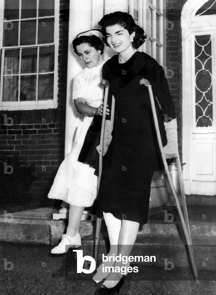 Jacqueline Kennedy as she leaves New England Baptist Hospital, 1955 (b/w photo)