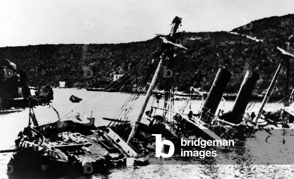 Spanish fleet sunk bay the U.S. naval squadron commanded by George Dewey in Manila Bay, Philippines during the Spanish-American War, 1898