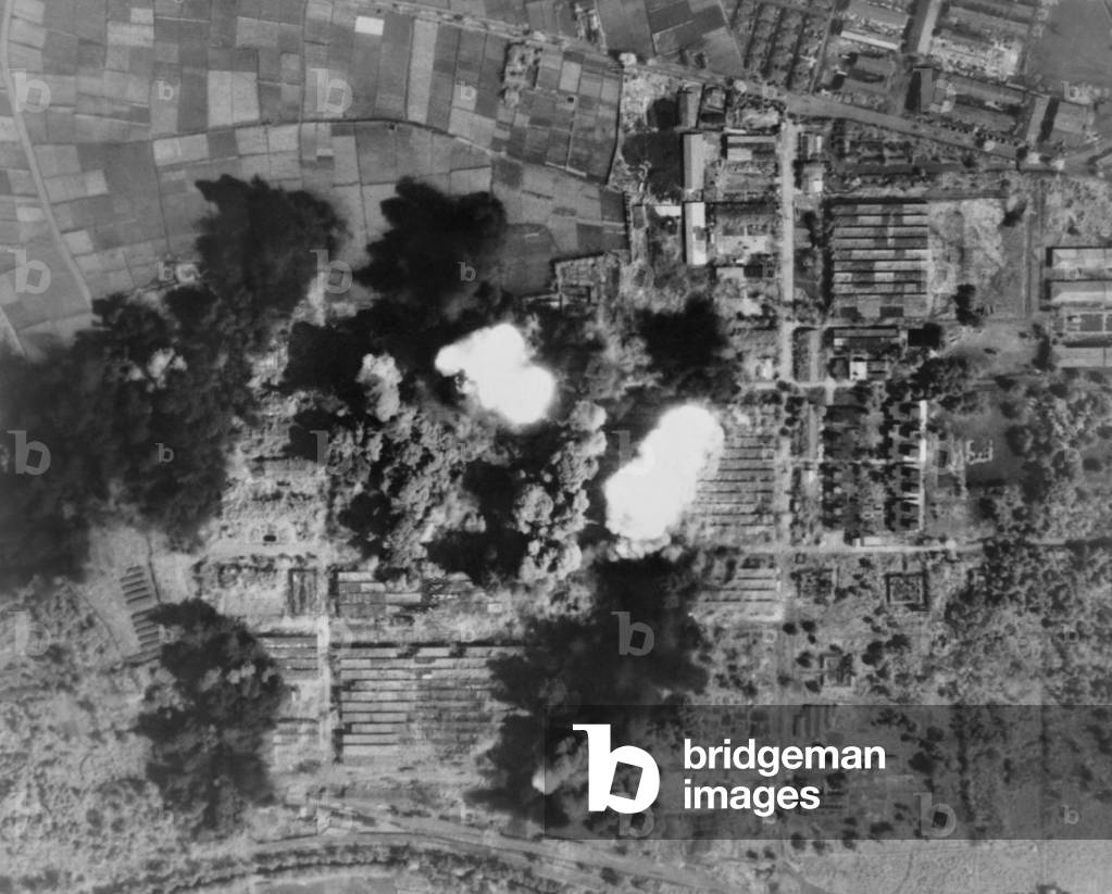 Aerial view of Hitachi Aircraft Co., in Tachikawa, Japan. It was bombed by U.S. B-29 Superfortresses in 1945. World War 2