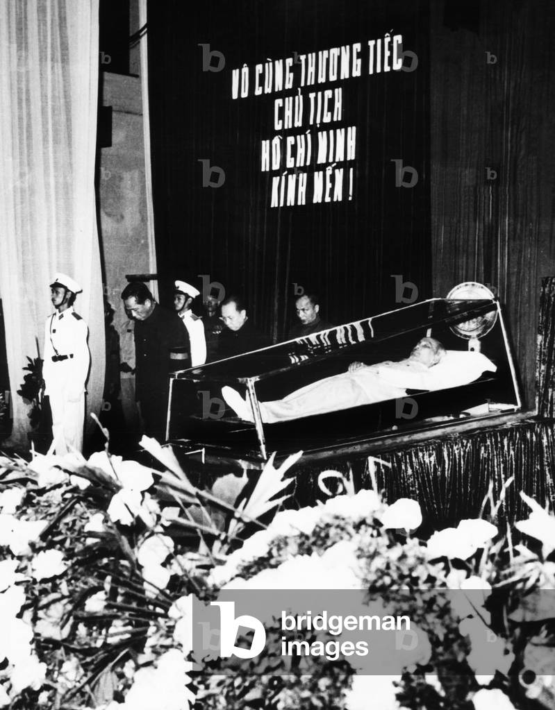 Body of President Ho Chi Minh during a state funeral in Hanoi. Sept. 26, 1969. North Vietnamese leaders are at left.
