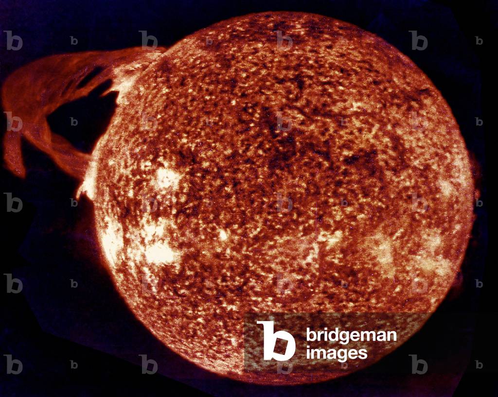 Ultraviolet exposure of colossal eruption on the Sun. This solar prominence, one of the largest in 25 years, erupted over 300,000 miles into space. The image is color-enhanced was photographed during the Skylab-4 mission by the Apollo Telescope. December 19, 1973